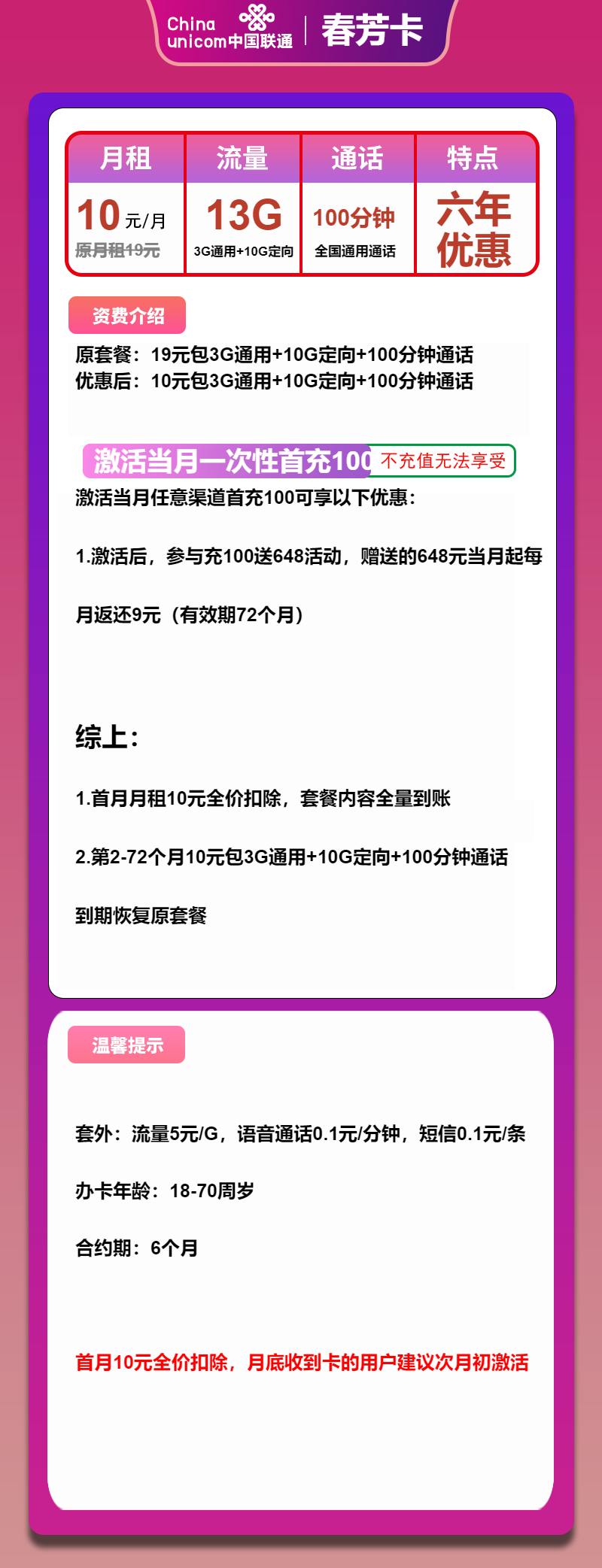 联通春芳卡10元月包3G通用流量+10G定向流量+100分钟通话（6年套餐）