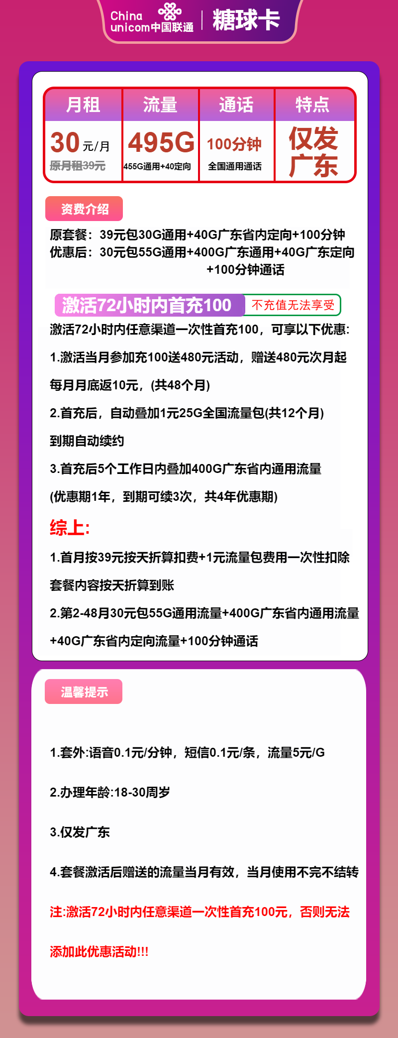 联通糖球卡①30元月包400G广东通用流量+55G全国通用流量+40G定向流量+100分钟通话（4年套餐，仅发广东省内）