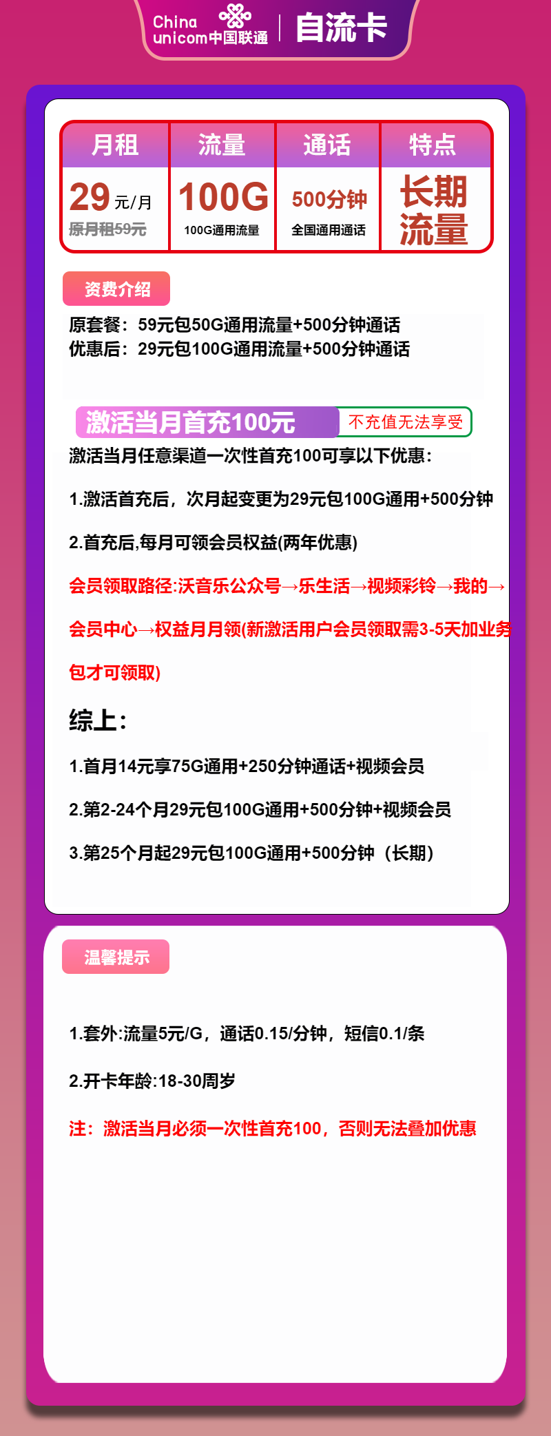 联通自流卡29元月包100G通用流量+500分钟通话+会员（长期套餐，送2年视频会员）