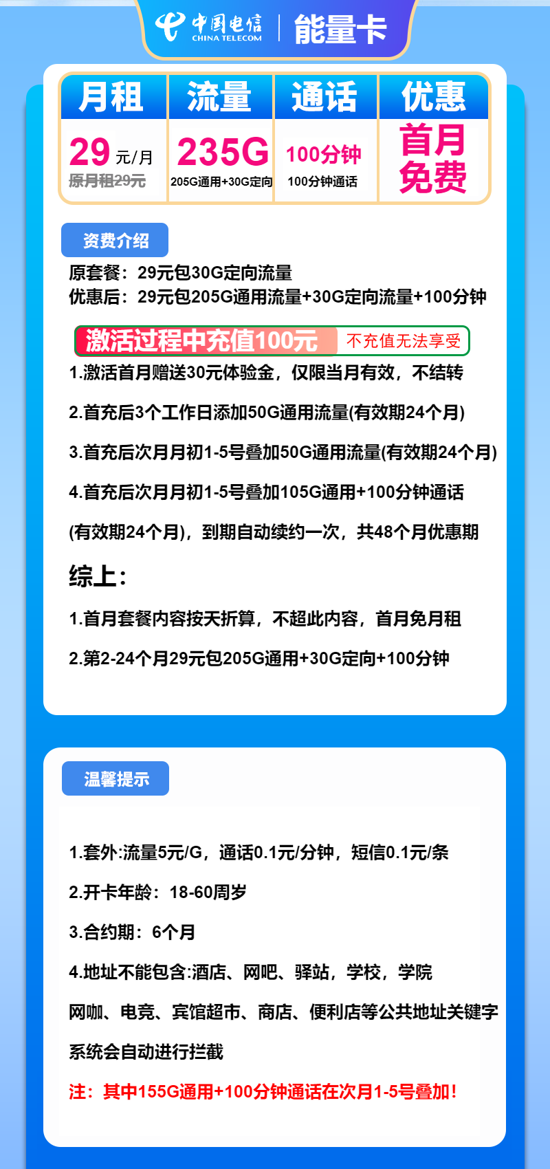 电信能量卡29元月包205G通用流量+30G定向流量+100分钟通话（仅发广东省内）