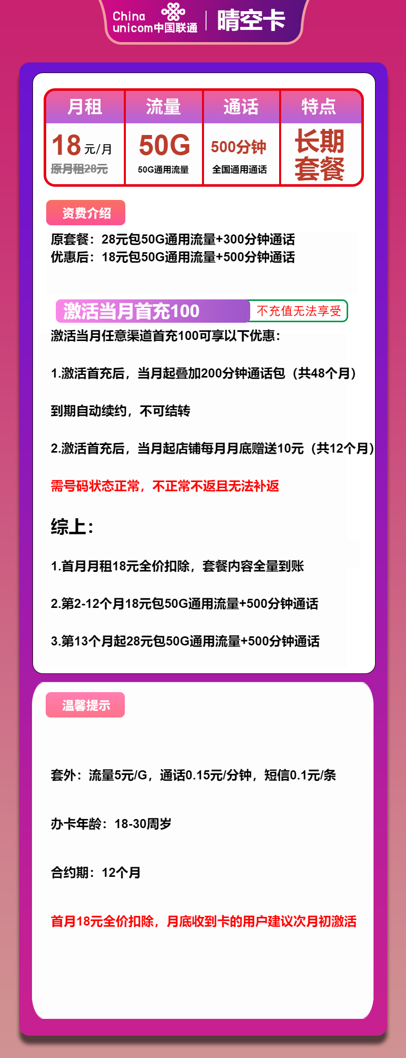 联通晴空卡18元月包50G通用流量+500分钟通话（第13个月起28元月租，长期套餐）