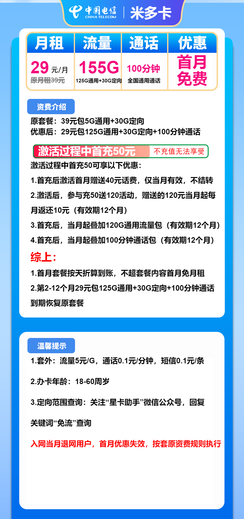 电信米多卡29元月包125G通用流量+30G定向流量+100分钟通话（1年套餐）