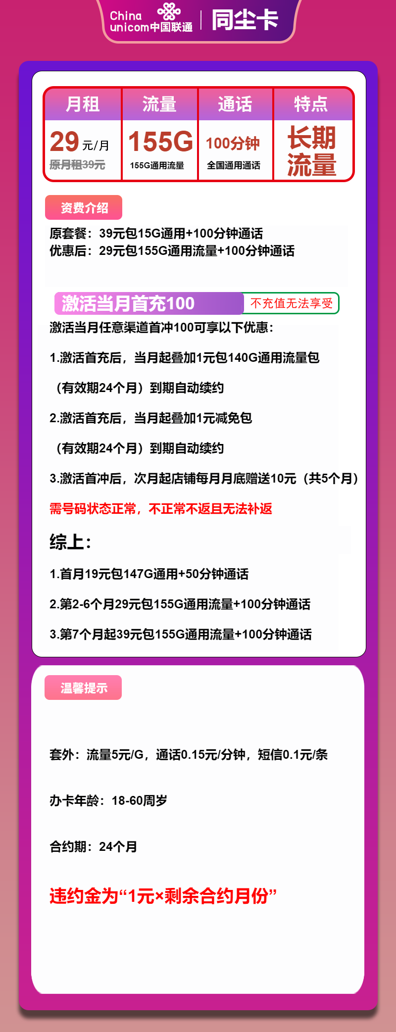 联通同尘卡29元月包155G通用流量+100分钟通话（长期套餐，155555号段，仅发安徽省内）