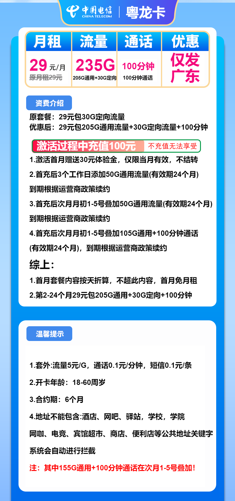 电信粤龙卡29元月包205G通用流量+30G定向流量+100分钟通话（仅发广东,省内）