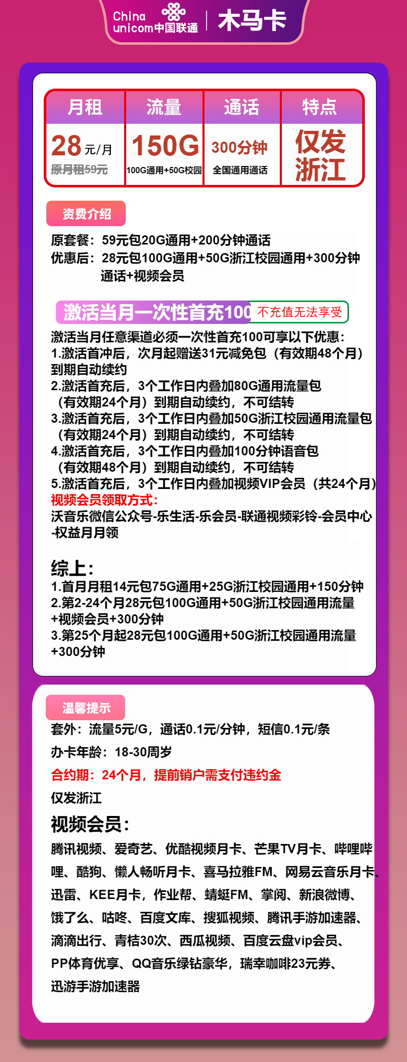 联通木马卡28元月包100G通用流量+50G校园流量+300分钟通话+会员（长期套餐，送2年视频会员，仅发浙江省内）